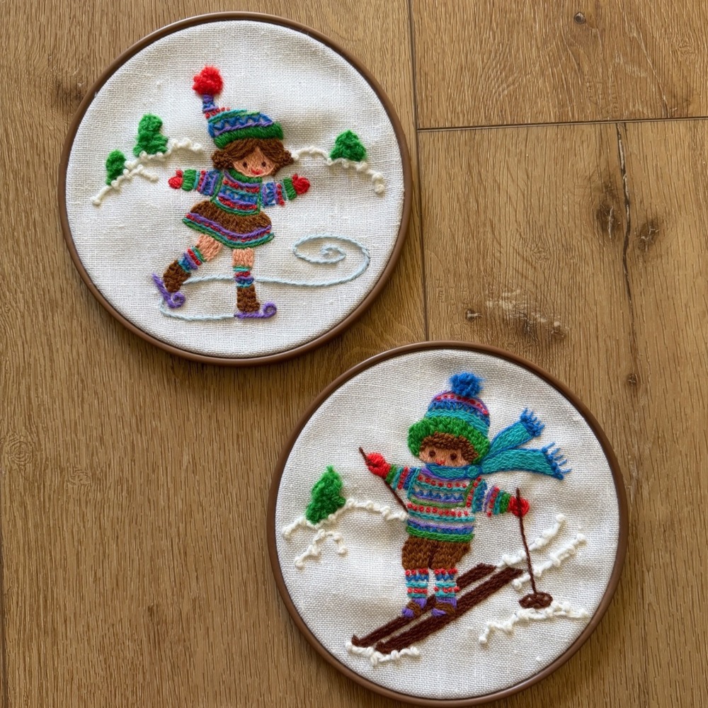 Vintage Hand Embroidered Winter Crewel Art Set Ice Skating Skiing 6 Inch Hoops